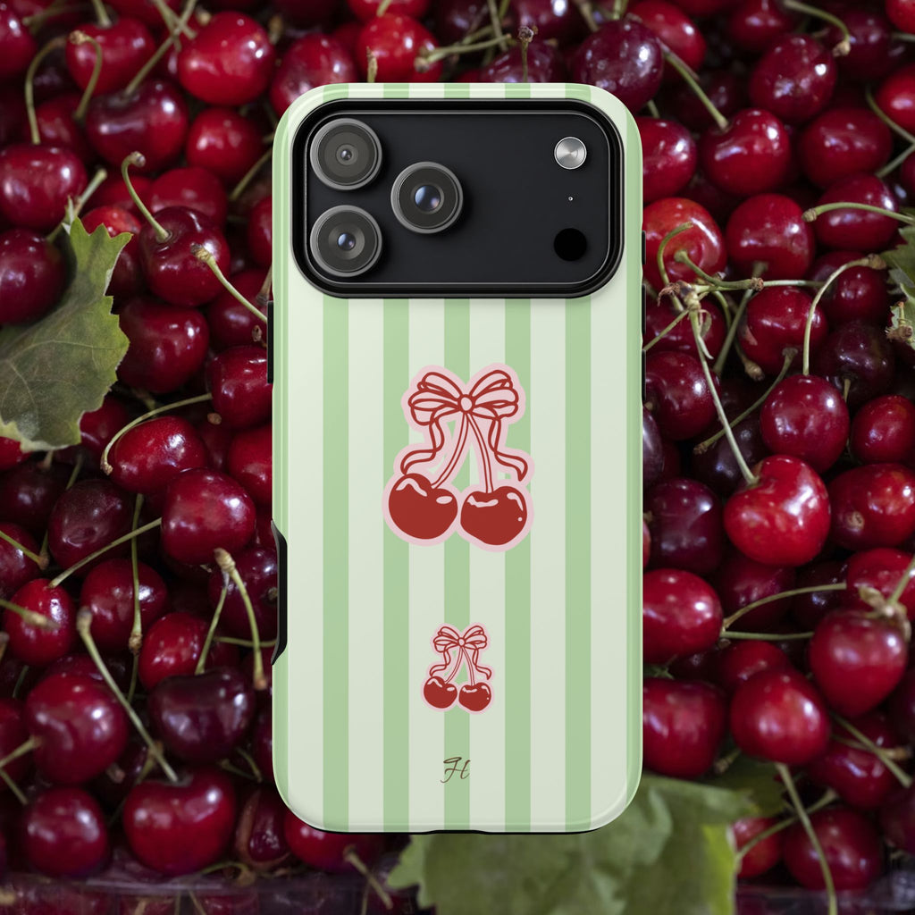 Cherry Bow Phone Case | Green Stripes