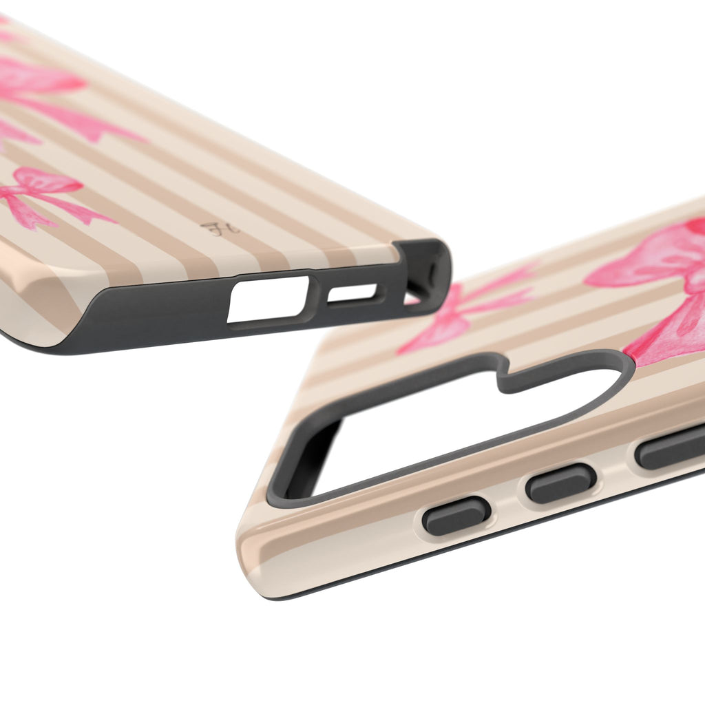 Pink Bows Phone Case | Brown Beige Stripes - Halo Collective