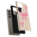 Pink Bows Phone Case | Brown Beige Stripes - Halo Collective