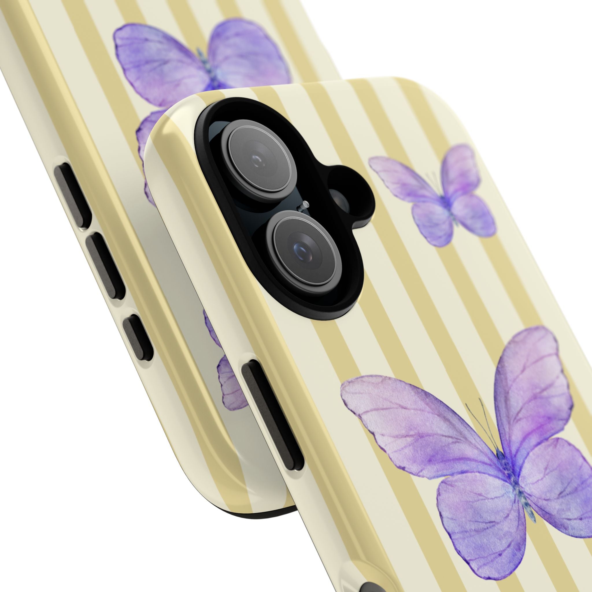 Purple Watercolor Butterflies Phone Case | Yellow Cream Stripes - Halo Collective