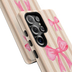 Pink Bows Phone Case | Brown Beige Stripes - Halo Collective