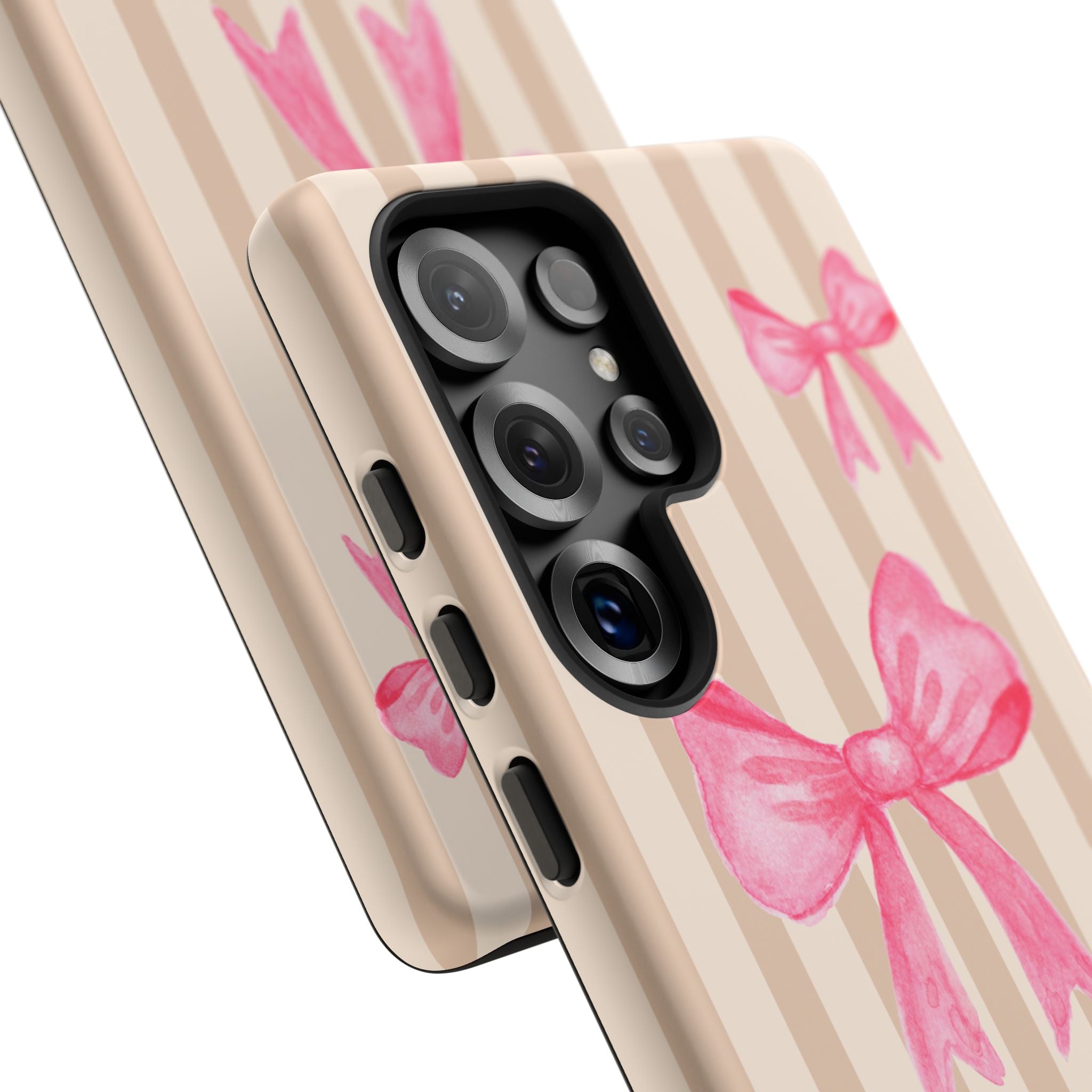 Pink Bows Phone Case | Brown Beige Stripes - Halo Collective