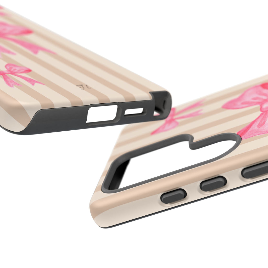 Pink Bows Phone Case | Brown Beige Stripes - Halo Collective