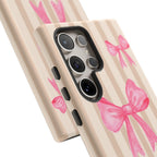 Pink Bows Phone Case | Brown Beige Stripes - Halo Collective