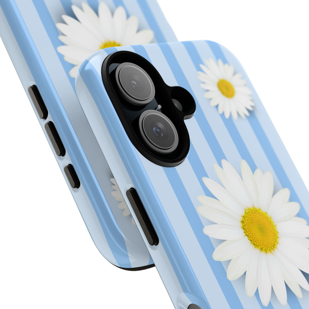 Daisy Stripe Tough Phone Case — Blue Floral Protective Cover - Halo Collective