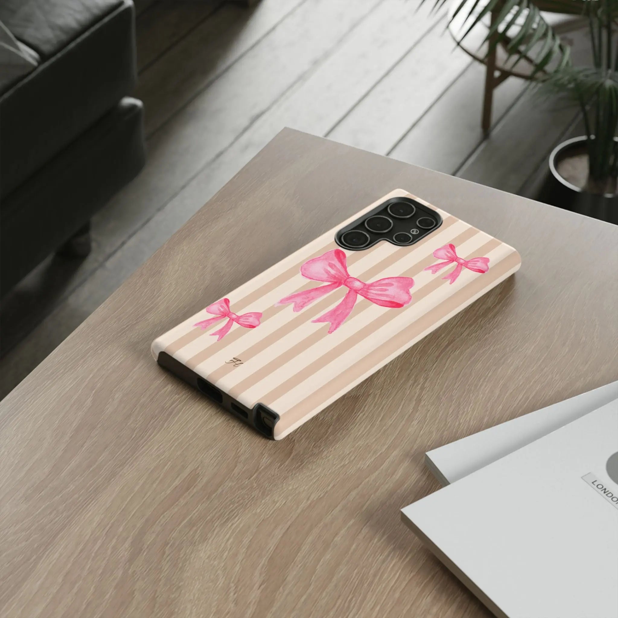 Pink Bows Phone Case | Brown Beige Stripes - Halo Collective