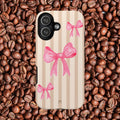Pink Bows Phone Case | Brown Beige Stripes - Halo Collective