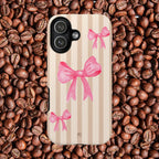 Pink Bows Phone Case | Brown Beige Stripes - Halo Collective
