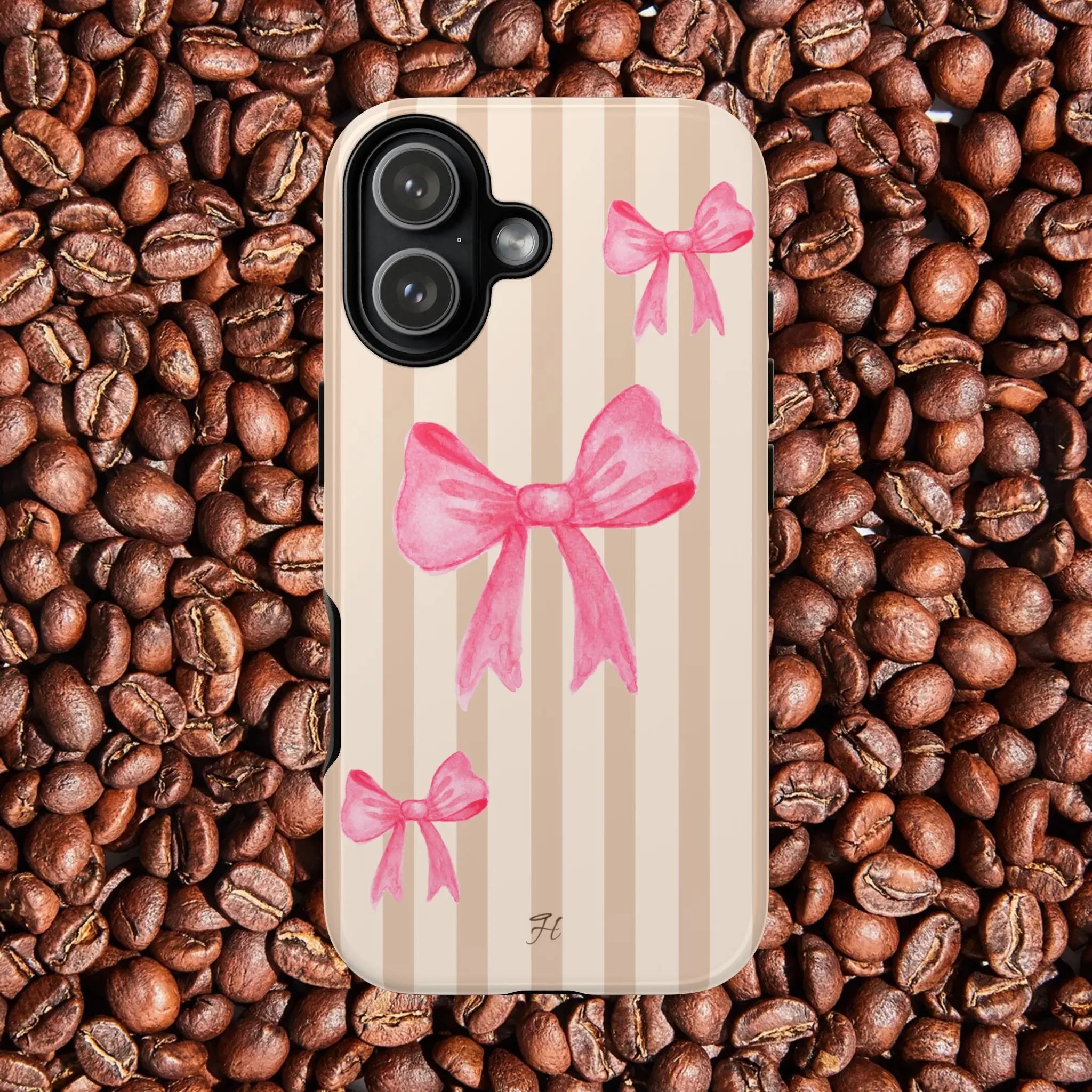 Pink Bows Phone Case | Brown Beige Stripes - Halo Collective
