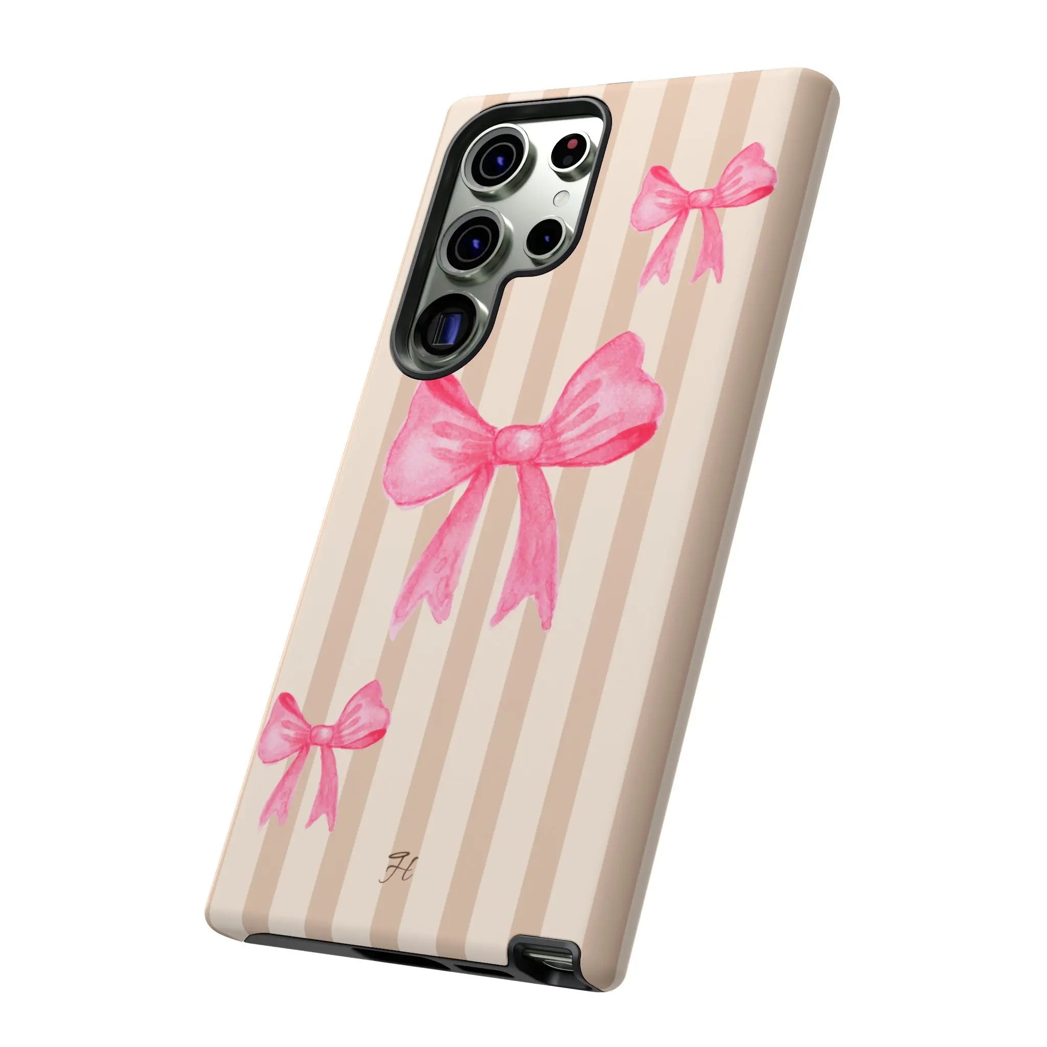 Pink Bows Phone Case | Brown Beige Stripes - Halo Collective