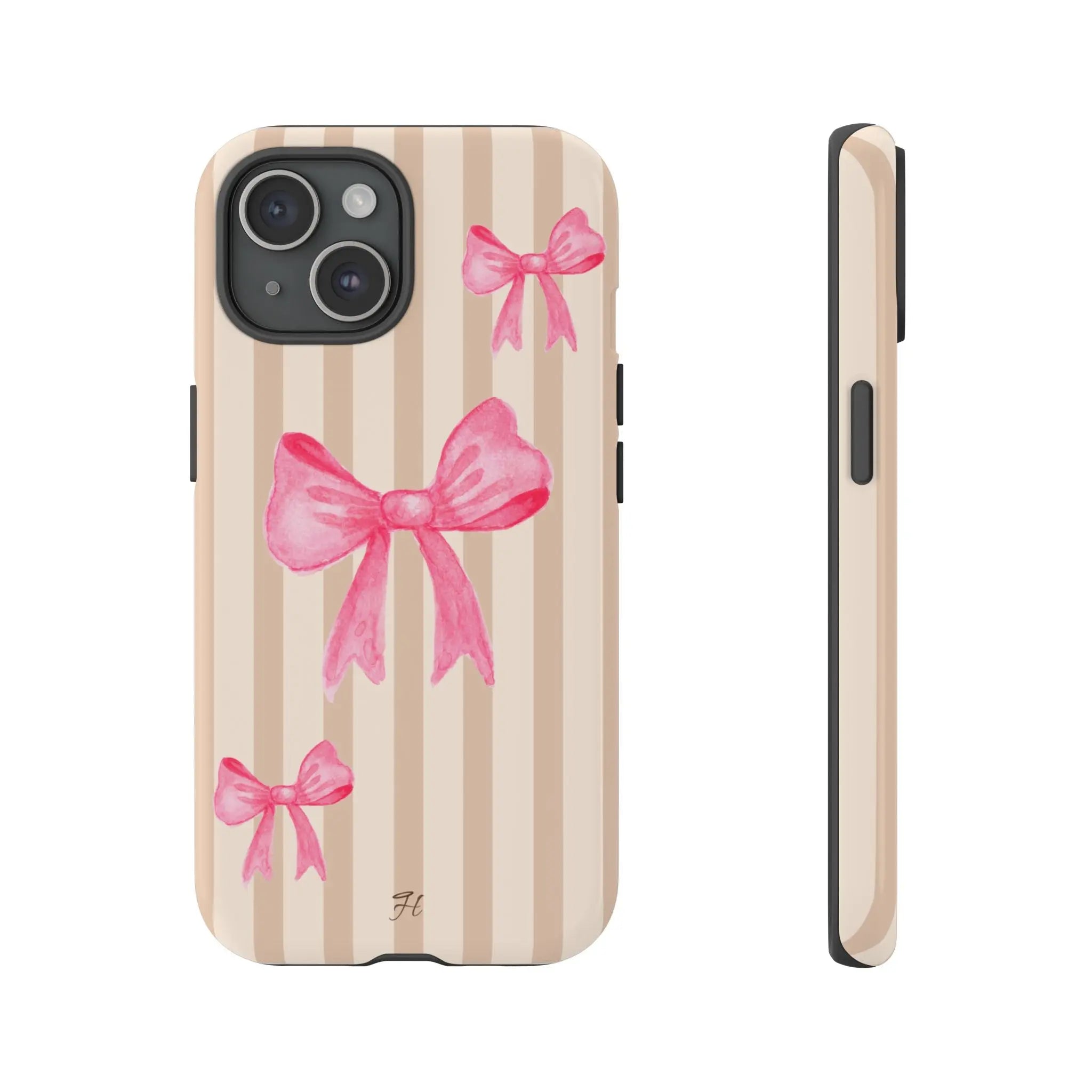 Pink Bows Phone Case | Brown Beige Stripes - Halo Collective