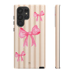 Pink Bows Phone Case | Brown Beige Stripes - Halo Collective