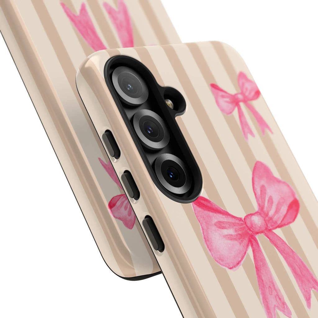 Pink Bows Phone Case | Brown Beige Stripes - Halo Collective