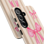 Pink Bows Phone Case | Brown Beige Stripes - Halo Collective