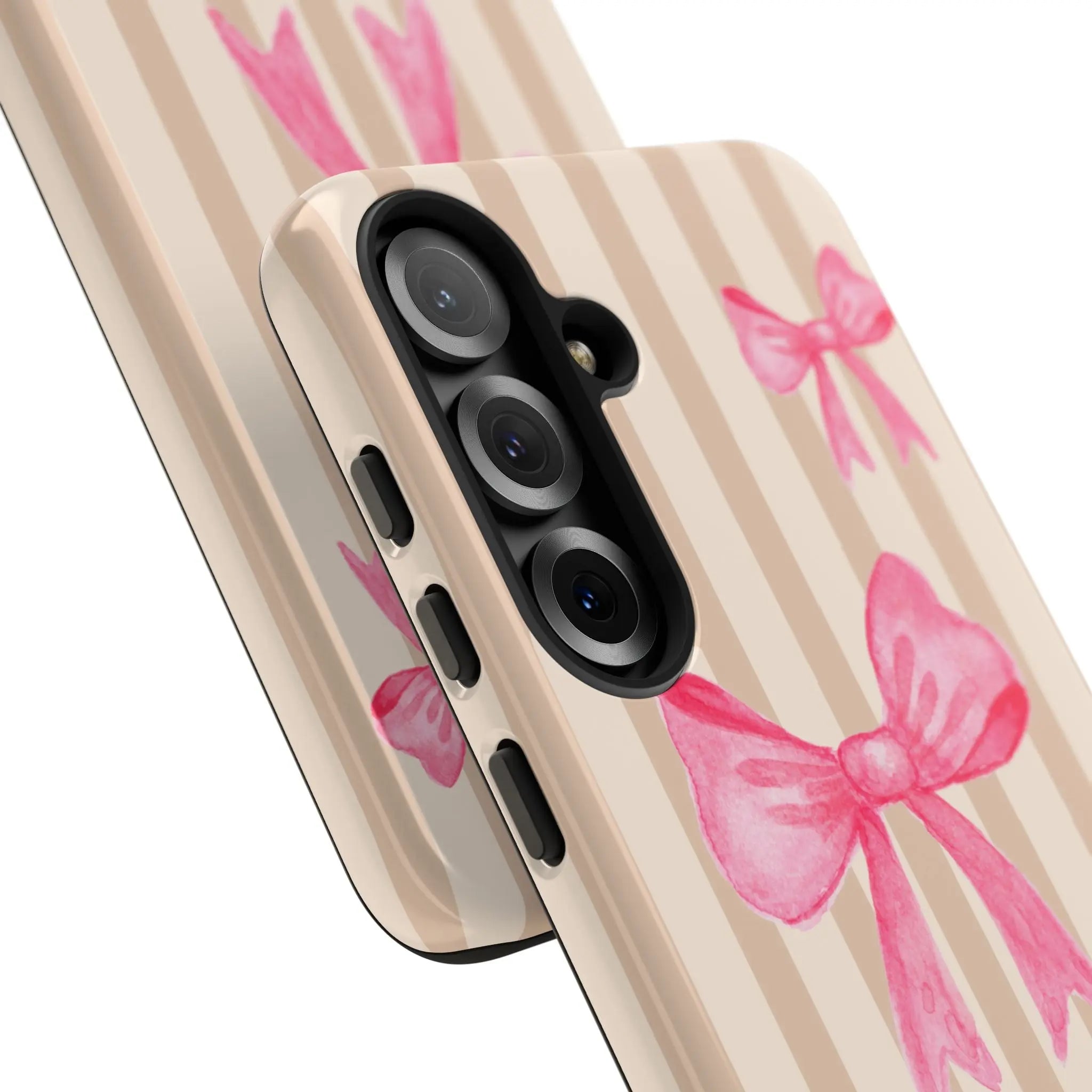 Pink Bows Phone Case | Brown Beige Stripes - Halo Collective