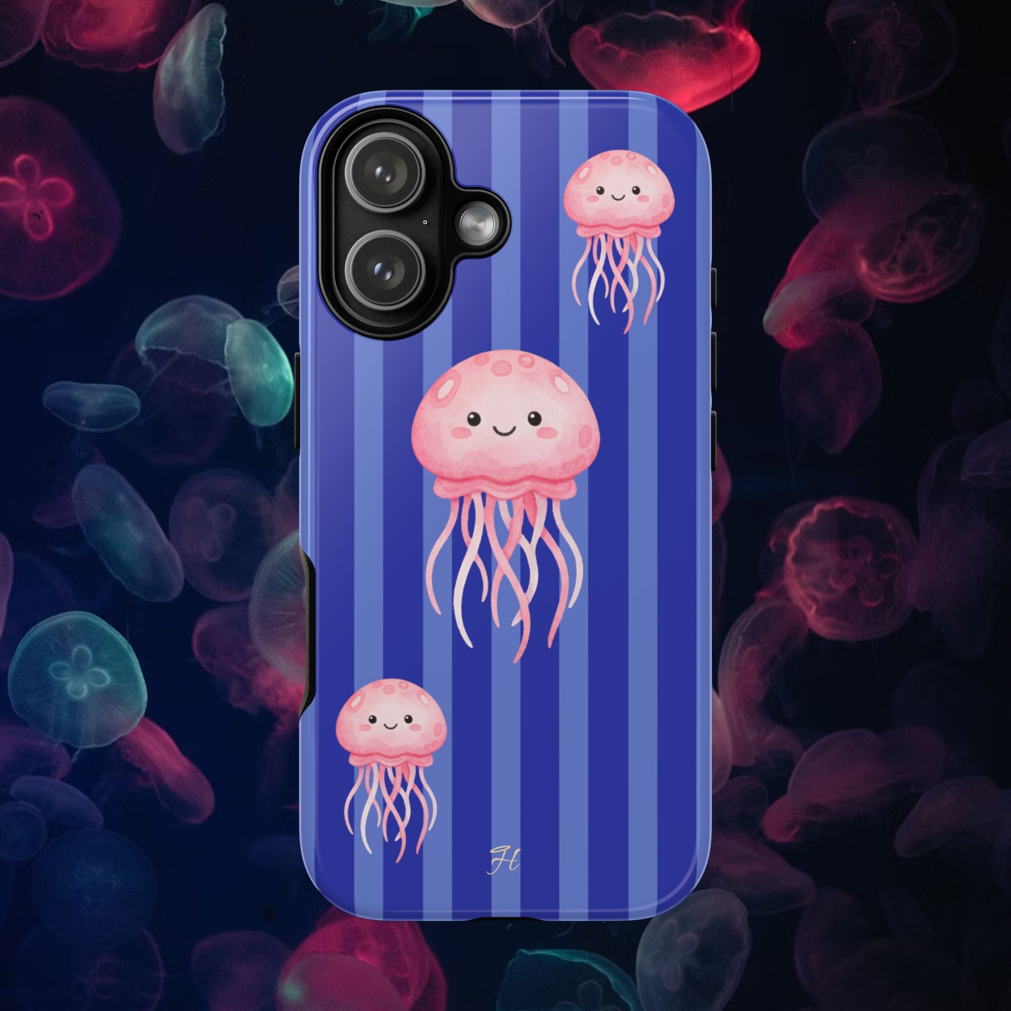 Pink Jellyfish Phone Case | Navy Blue Stripes - Halo Collective