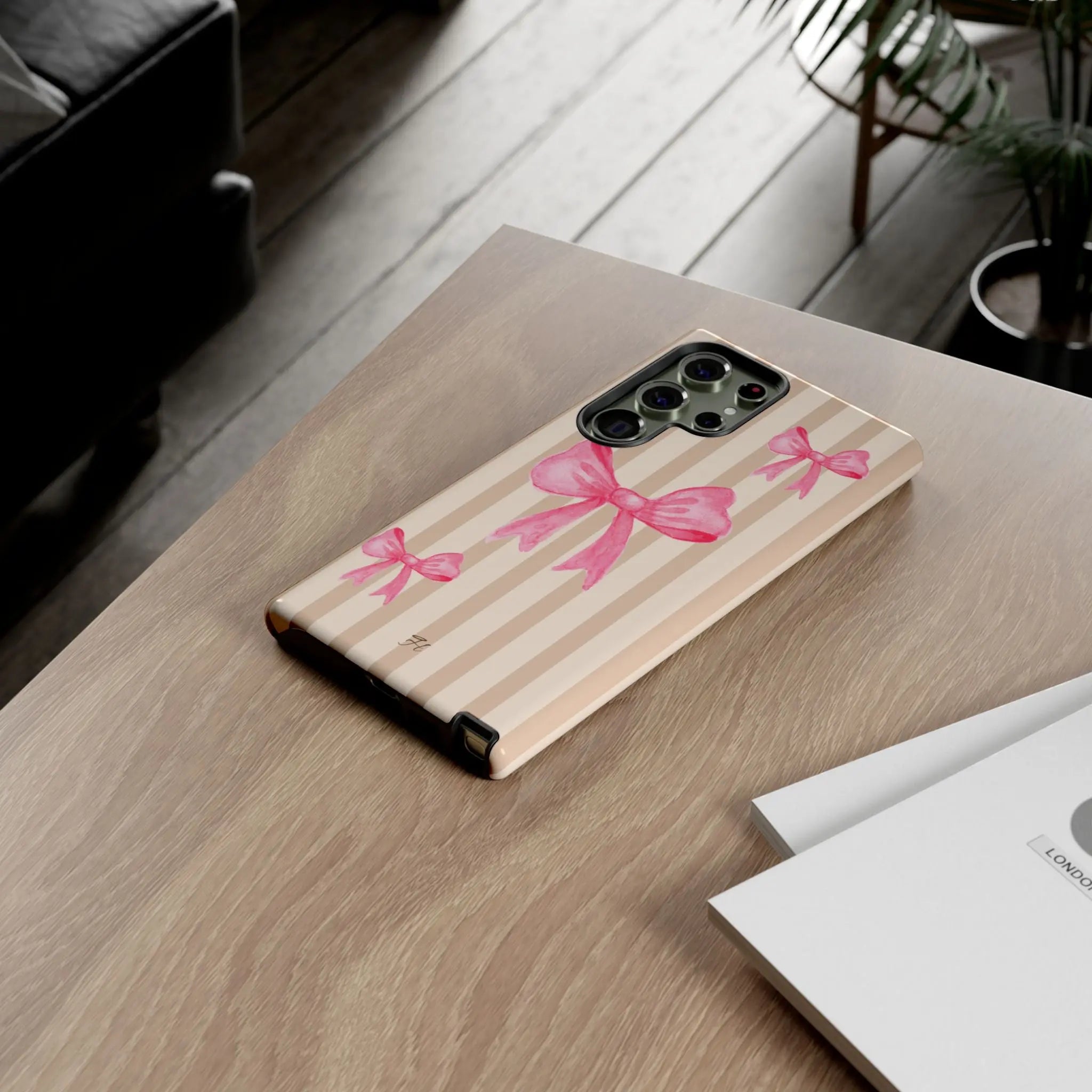 Pink Bows Phone Case | Brown Beige Stripes - Halo Collective