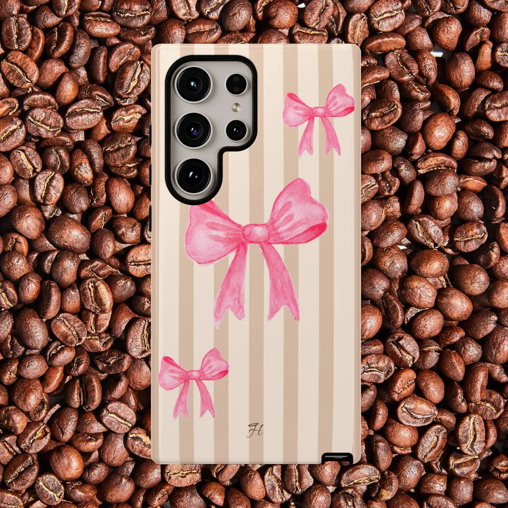 Pink Bows Phone Case | Brown Beige Stripes - Halo Collective