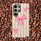 Pink Bows Phone Case | Brown Beige Stripes - Halo Collective