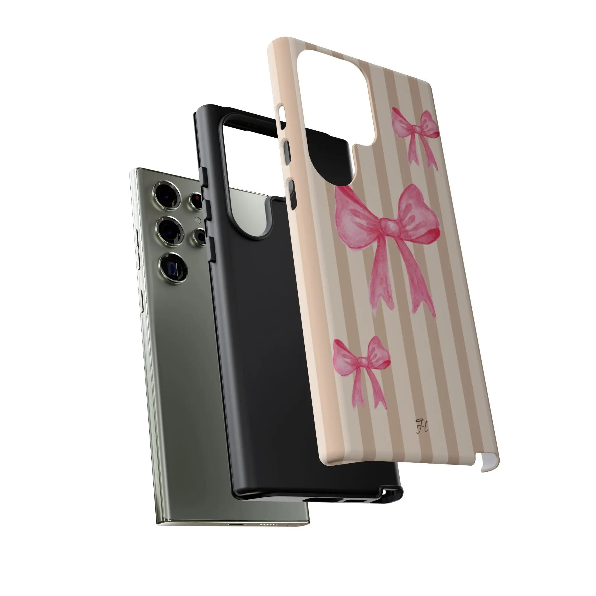 Pink Bows Phone Case | Brown Beige Stripes - Halo Collective
