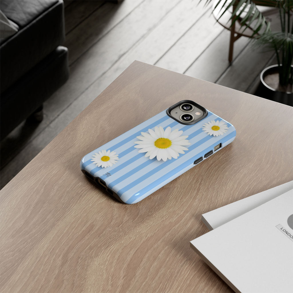 Daisy Stripe Tough Phone Case — Blue Floral Protective Cover - Halo Collective