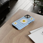 Daisy Stripe Tough Phone Case — Blue Floral Protective Cover - Halo Collective