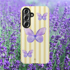 Purple Watercolor Butterflies Phone Case | Yellow Cream Stripes - Halo Collective