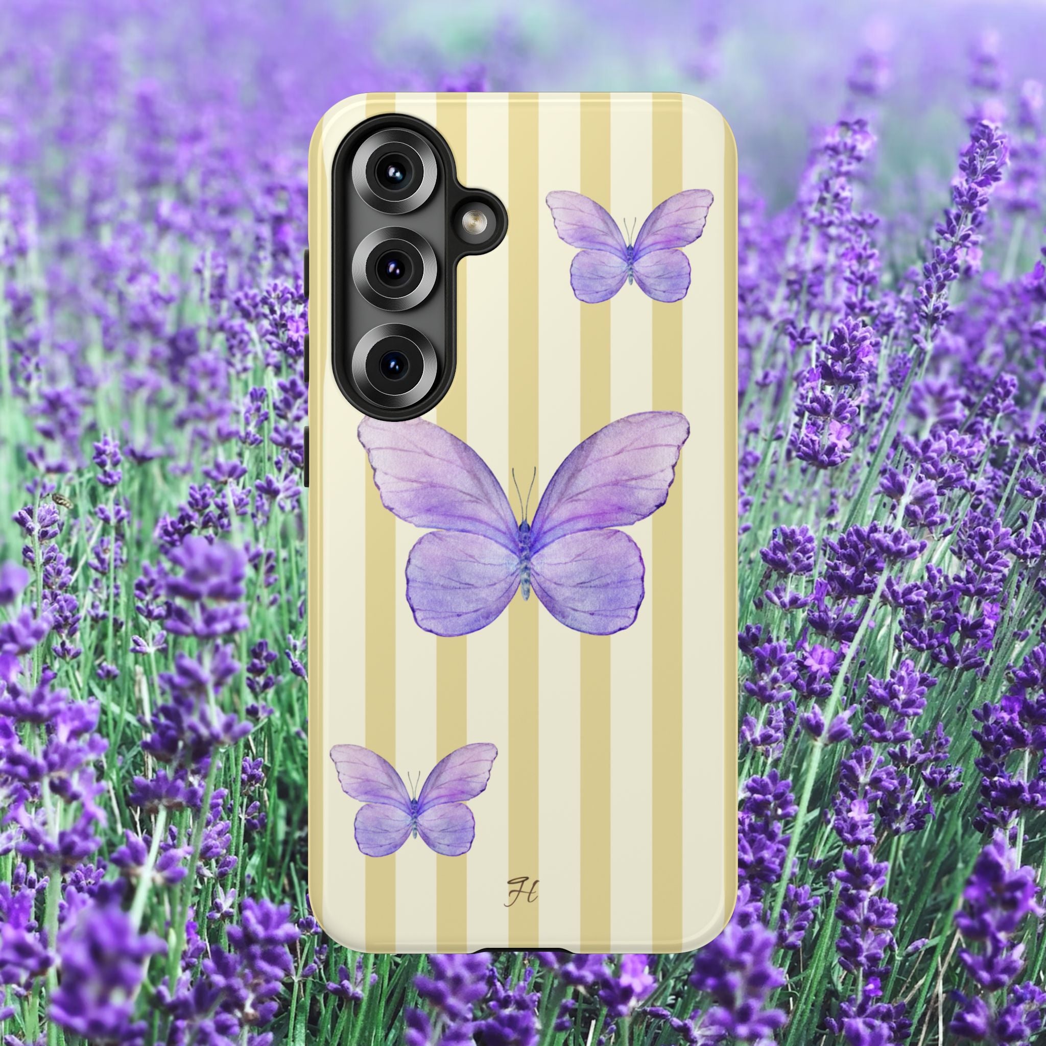 Purple Watercolor Butterflies Phone Case | Yellow Cream Stripes - Halo Collective