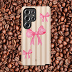 Pink Bows Phone Case | Brown Beige Stripes - Halo Collective