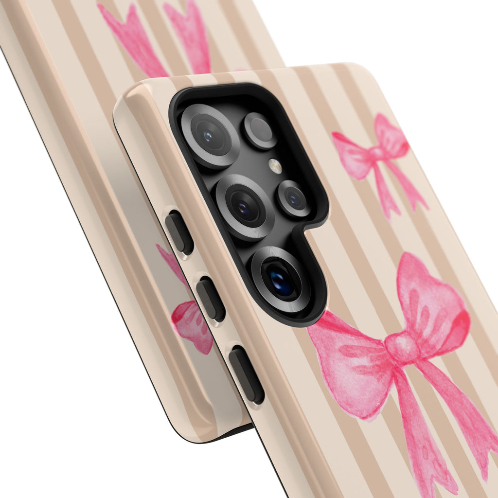 Pink Bows Phone Case | Brown Beige Stripes - Halo Collective