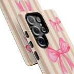 Pink Bows Phone Case | Brown Beige Stripes - Halo Collective