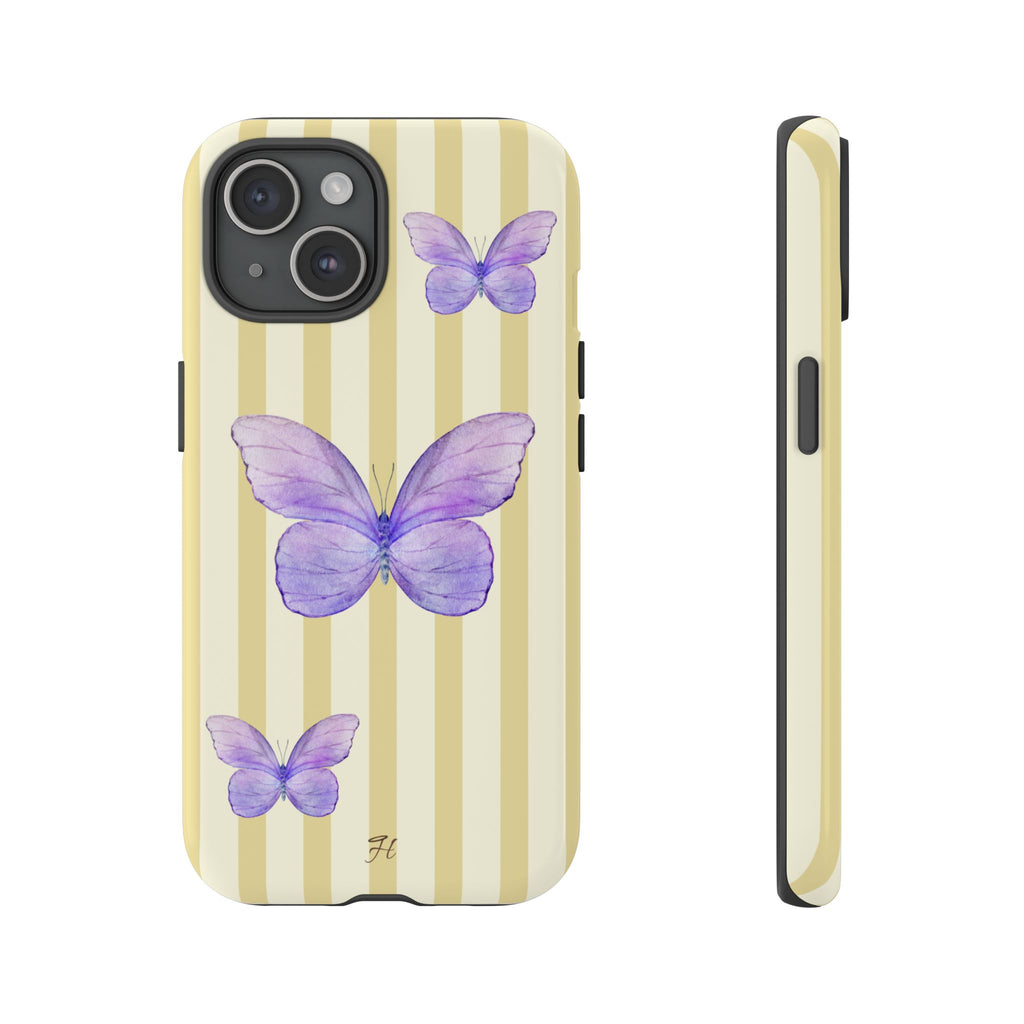 Purple Watercolor Butterflies Phone Case | Yellow Cream Stripes - Halo Collective