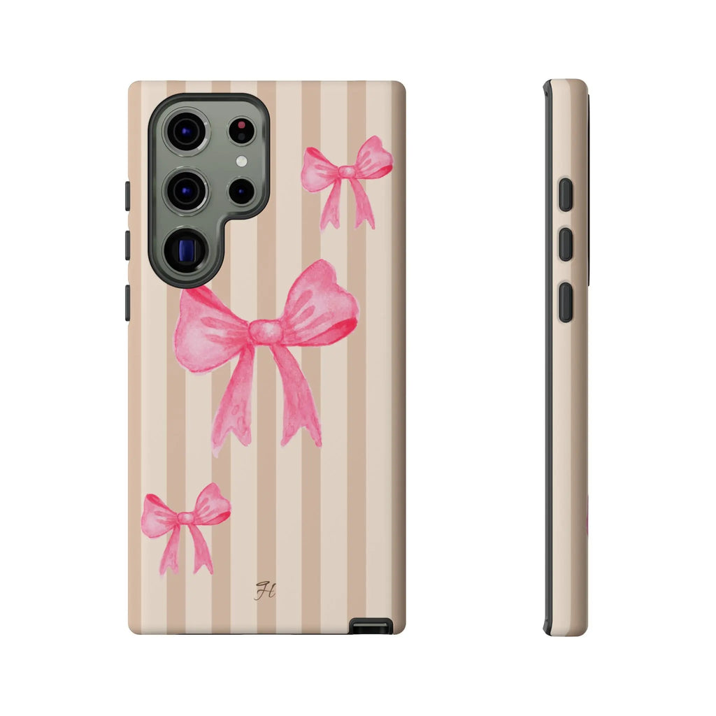 Pink Bows Phone Case | Brown Beige Stripes - Halo Collective