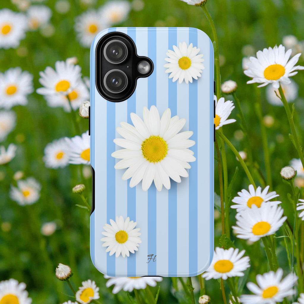 Daisy Stripe Tough Phone Case — Blue Floral Protective Cover - Halo Collective