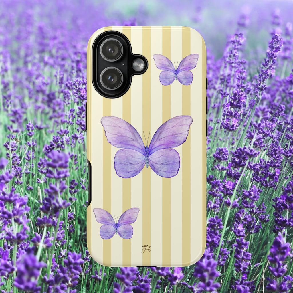 Purple Watercolor Butterflies Phone Case | Yellow Cream Stripes - Halo Collective
