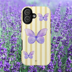 Purple Watercolor Butterflies Phone Case | Yellow Cream Stripes - Halo Collective