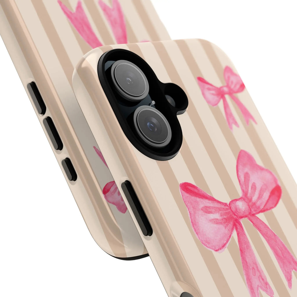 Pink Bows Phone Case | Brown Beige Stripes - Halo Collective