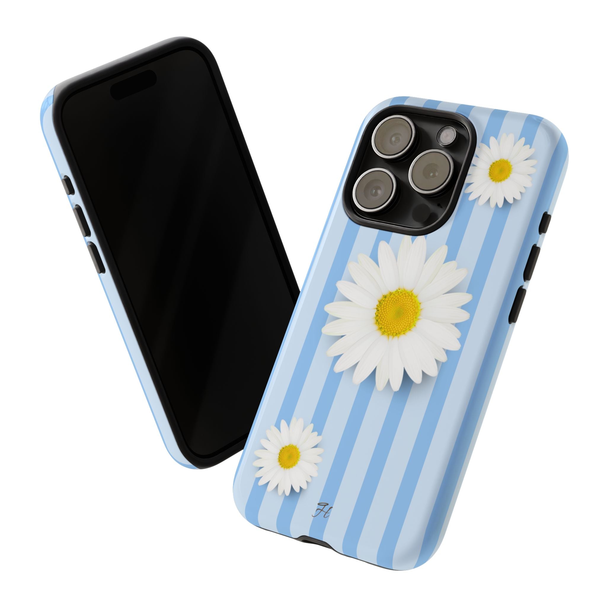 Daisy Stripe Tough Phone Case — Blue Floral Protective Cover - Halo Collective
