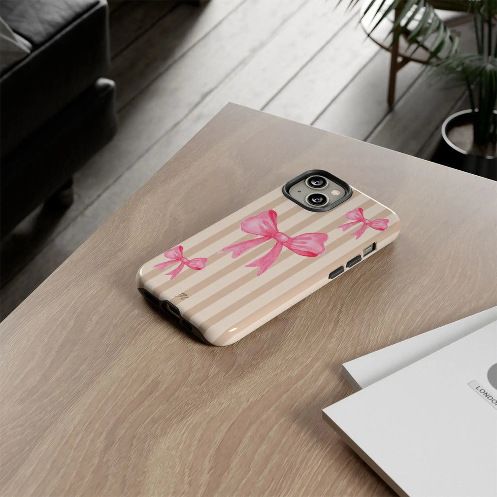 Pink Bows Phone Case | Brown Beige Stripes - Halo Collective
