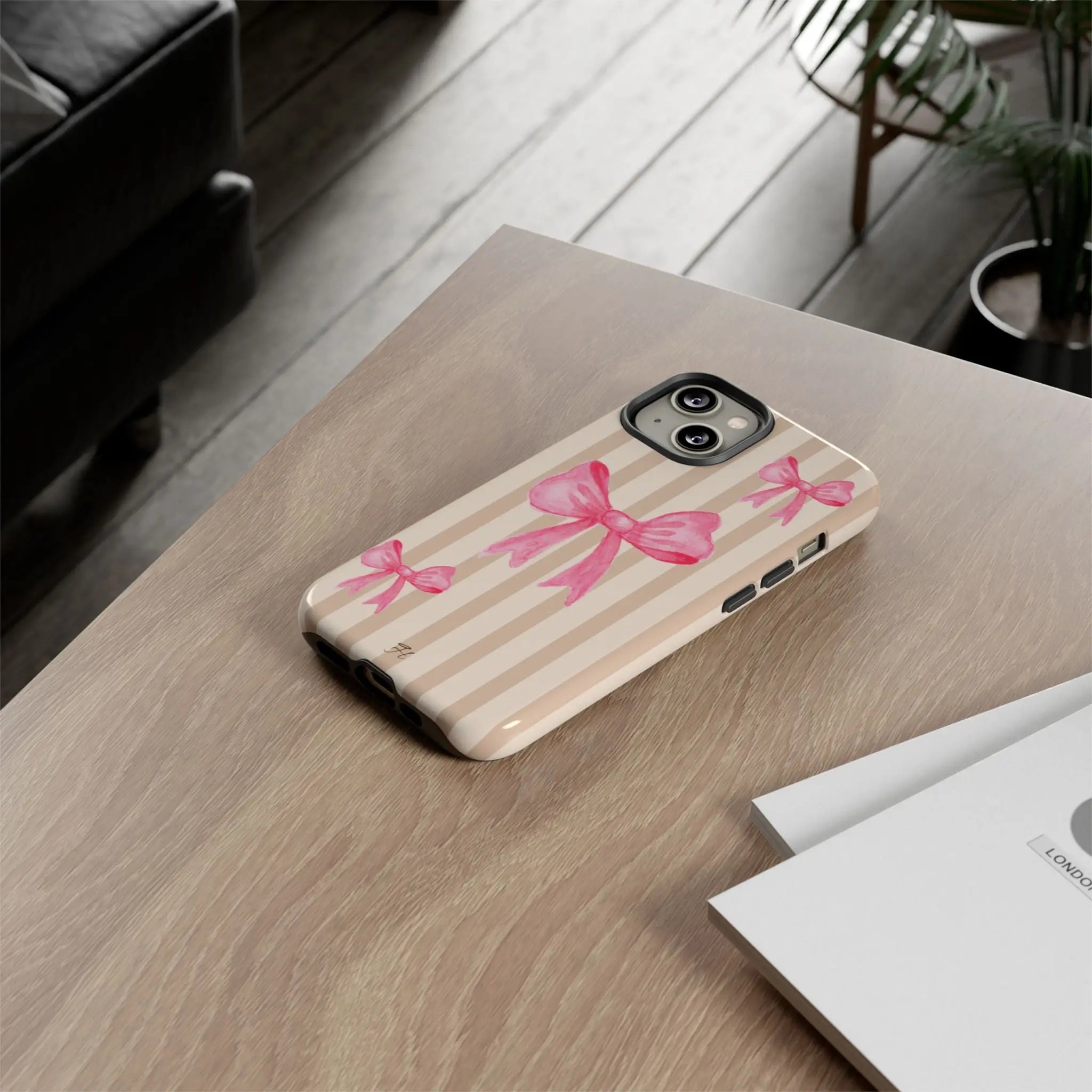 Pink Bows Phone Case | Brown Beige Stripes - Halo Collective