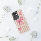 Pink Bows Phone Case | Brown Beige Stripes - Halo Collective