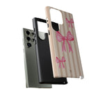 Pink Bows Phone Case | Brown Beige Stripes - Halo Collective