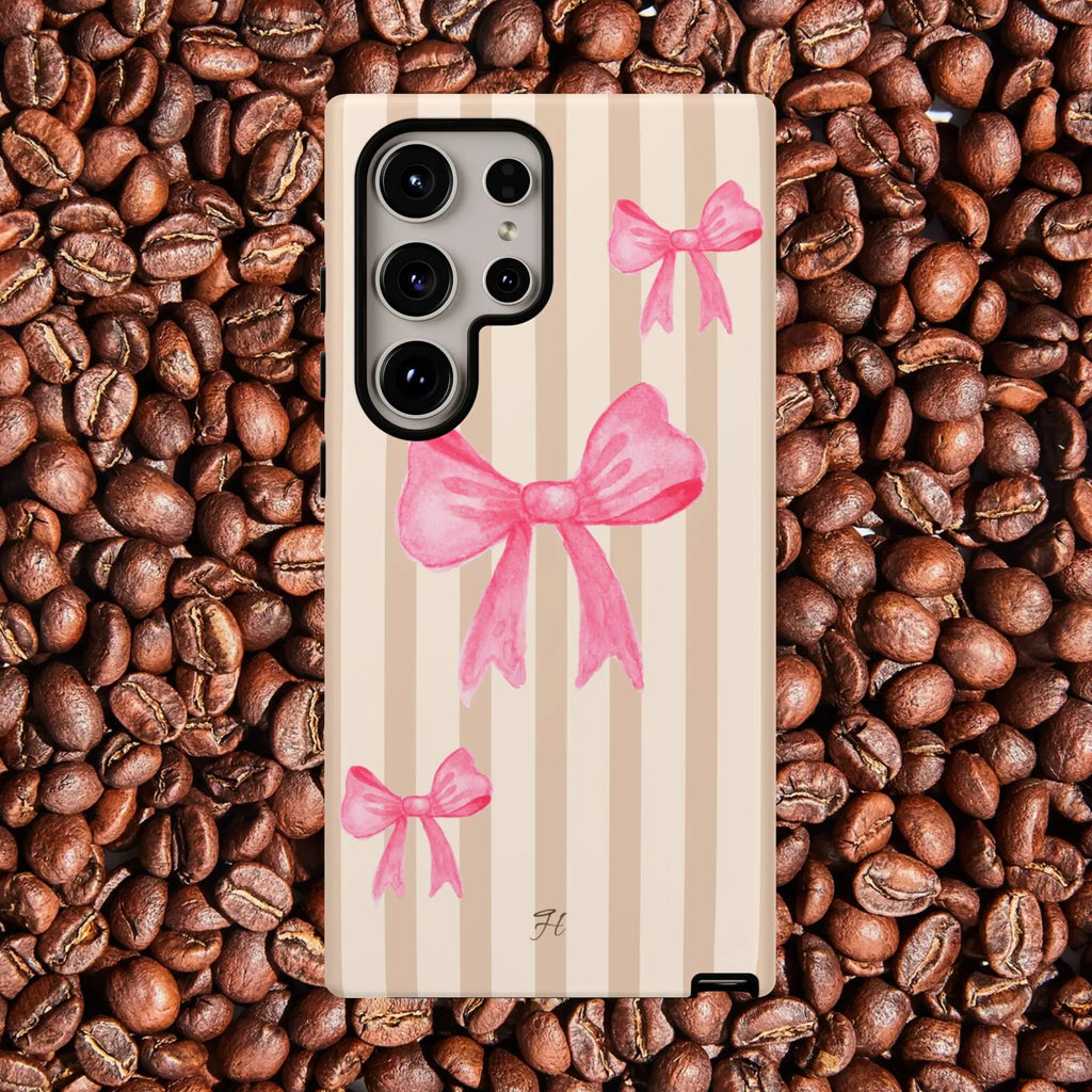 Pink Bows Phone Case | Brown Beige Stripes - Halo Collective