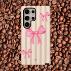 Pink Bows Phone Case | Brown Beige Stripes - Halo Collective