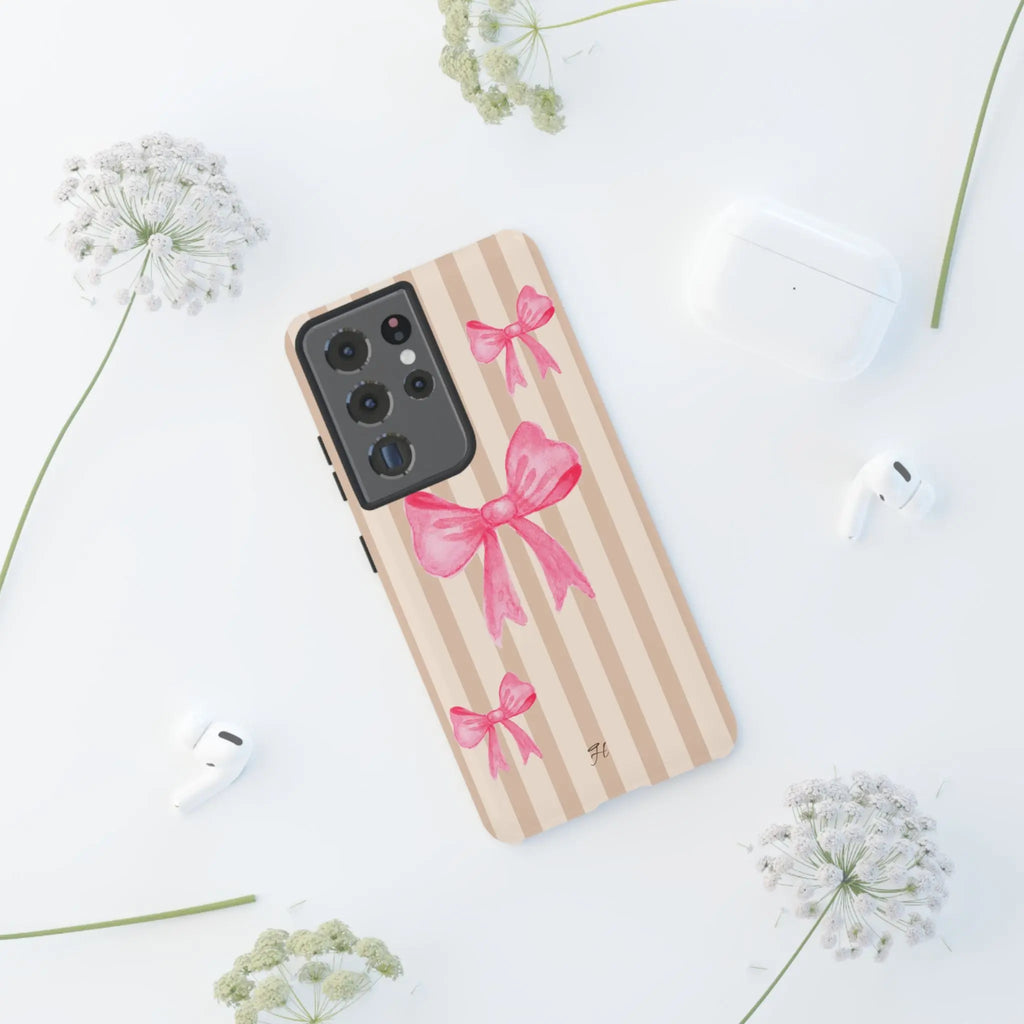 Pink Bows Phone Case | Brown Beige Stripes - Halo Collective