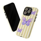 Purple Watercolor Butterflies Phone Case | Yellow Cream Stripes - Halo Collective