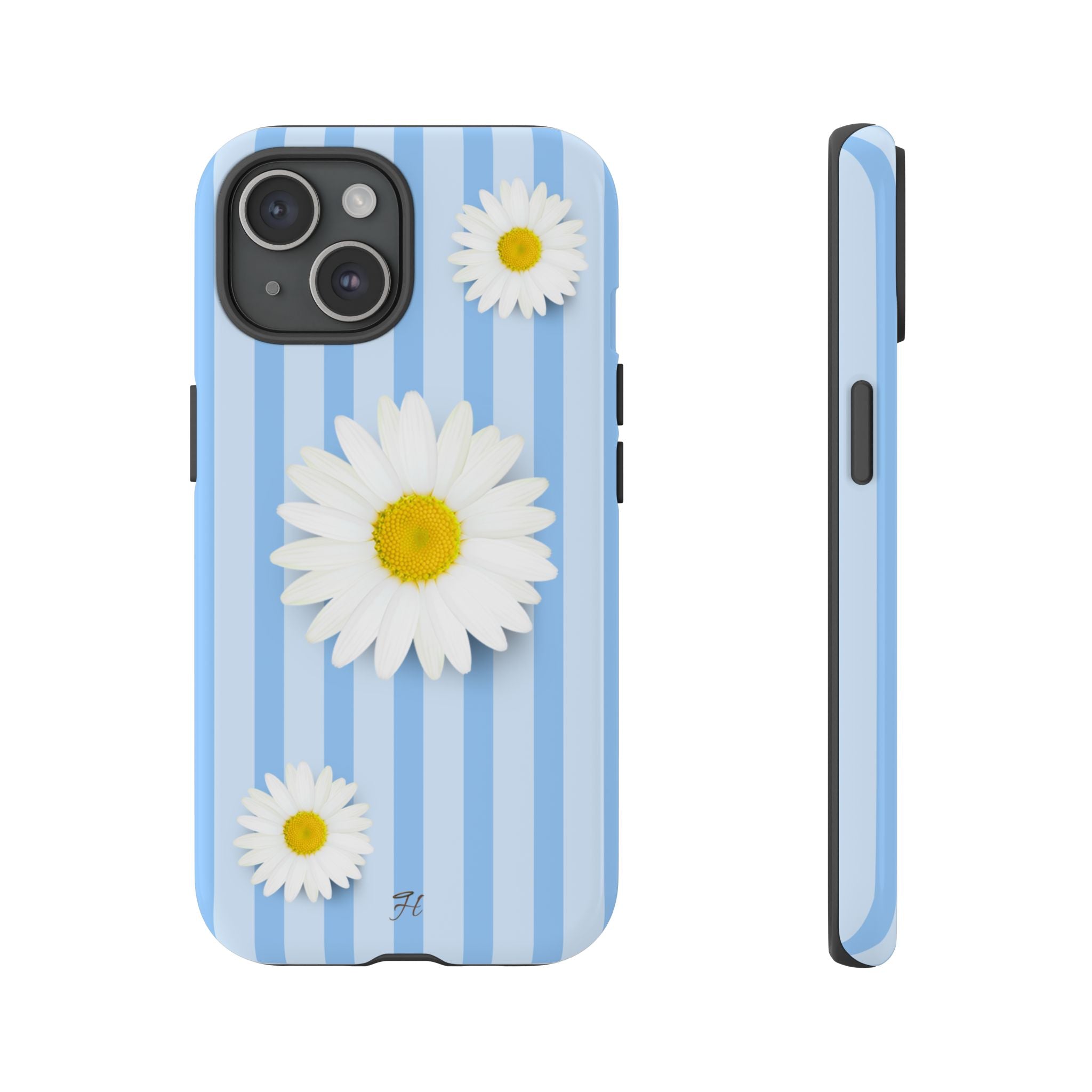 Daisy Stripe Tough Phone Case — Blue Floral Protective Cover - Halo Collective