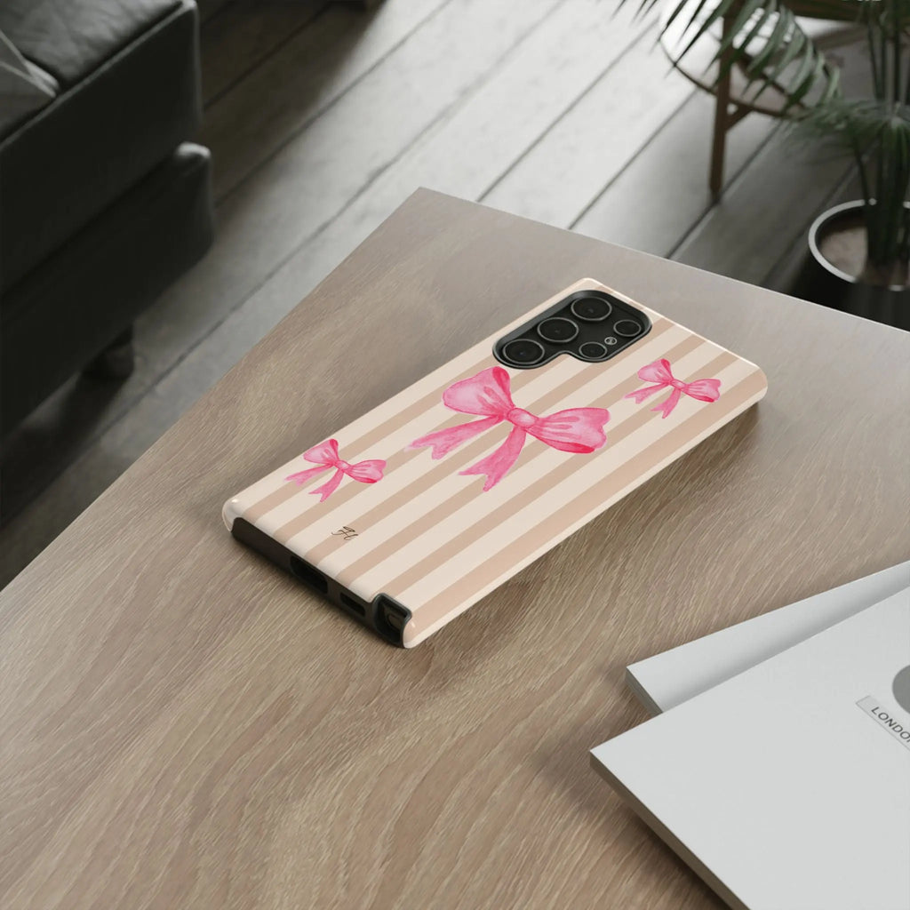 Pink Bows Phone Case | Brown Beige Stripes - Halo Collective