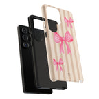 Pink Bows Phone Case | Brown Beige Stripes - Halo Collective