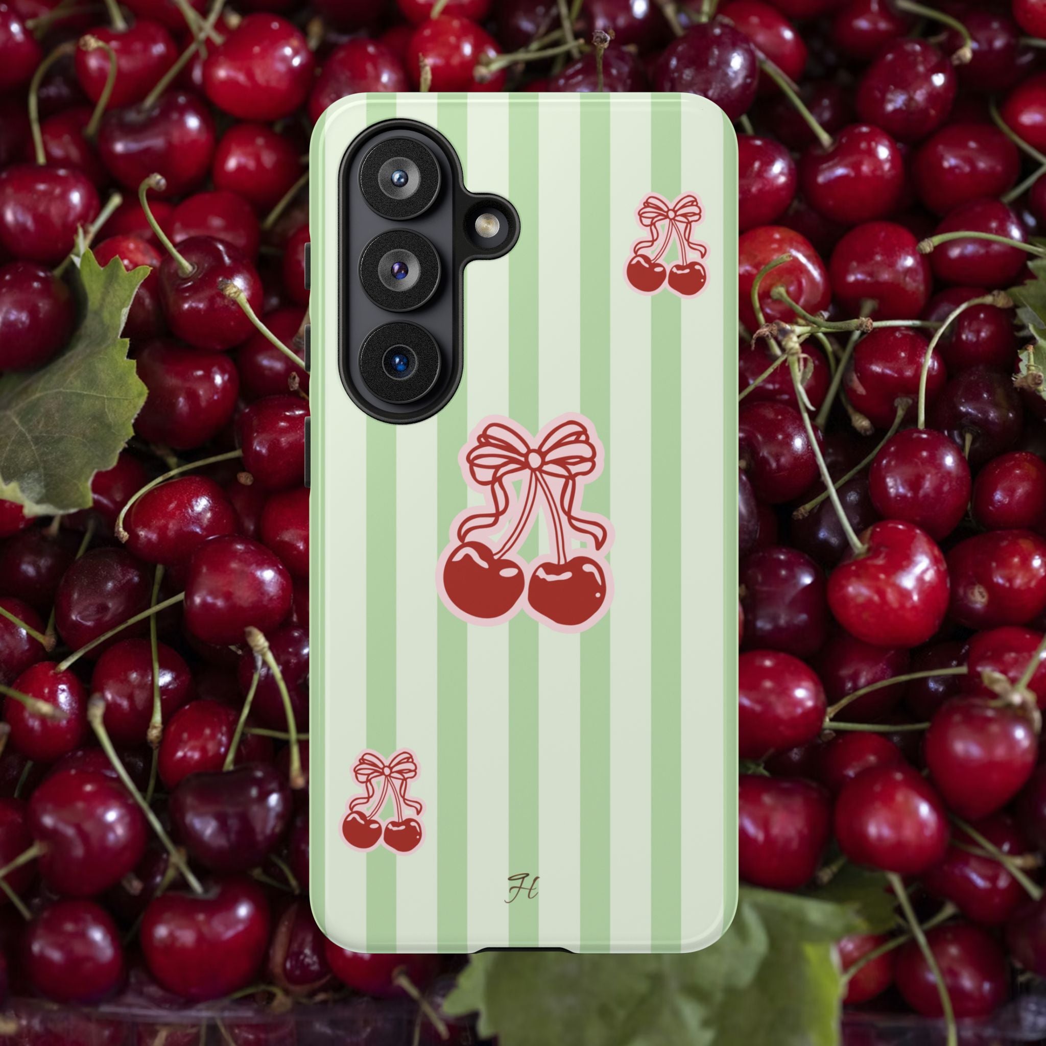 Cherry Bow Phone Case | Green Stripes